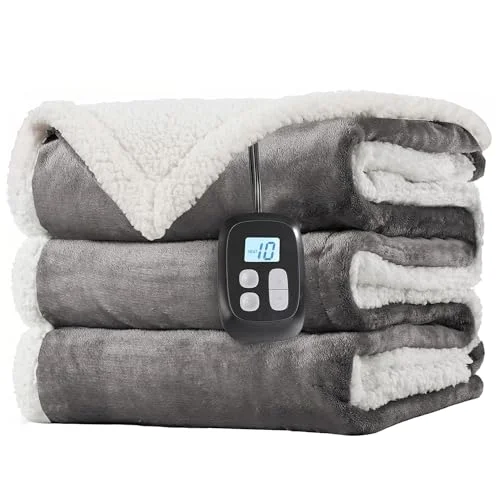 LaffyLo electric heated blanket in light grey, full size, flannel and sherpa fabric