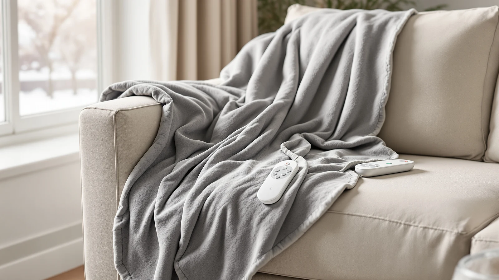 Grey electric heated throw blanket folded over the arm of a sofa, its remote controller resting on the cushion beside it