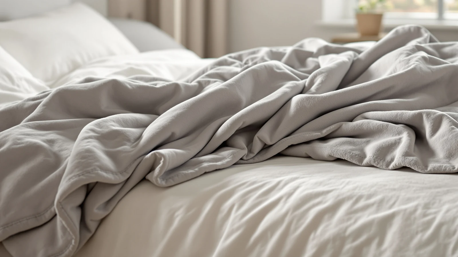 A folded grey electric heated throw blanket on a sofa arm beside a quilted heated mattress pad corner tucked over a bed mattress
